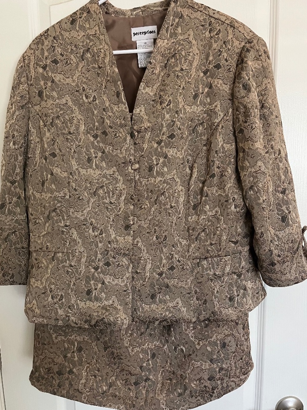 Perceptions 2 Piece Evening Garment Brown Metallic Floral Jacquard Size 18